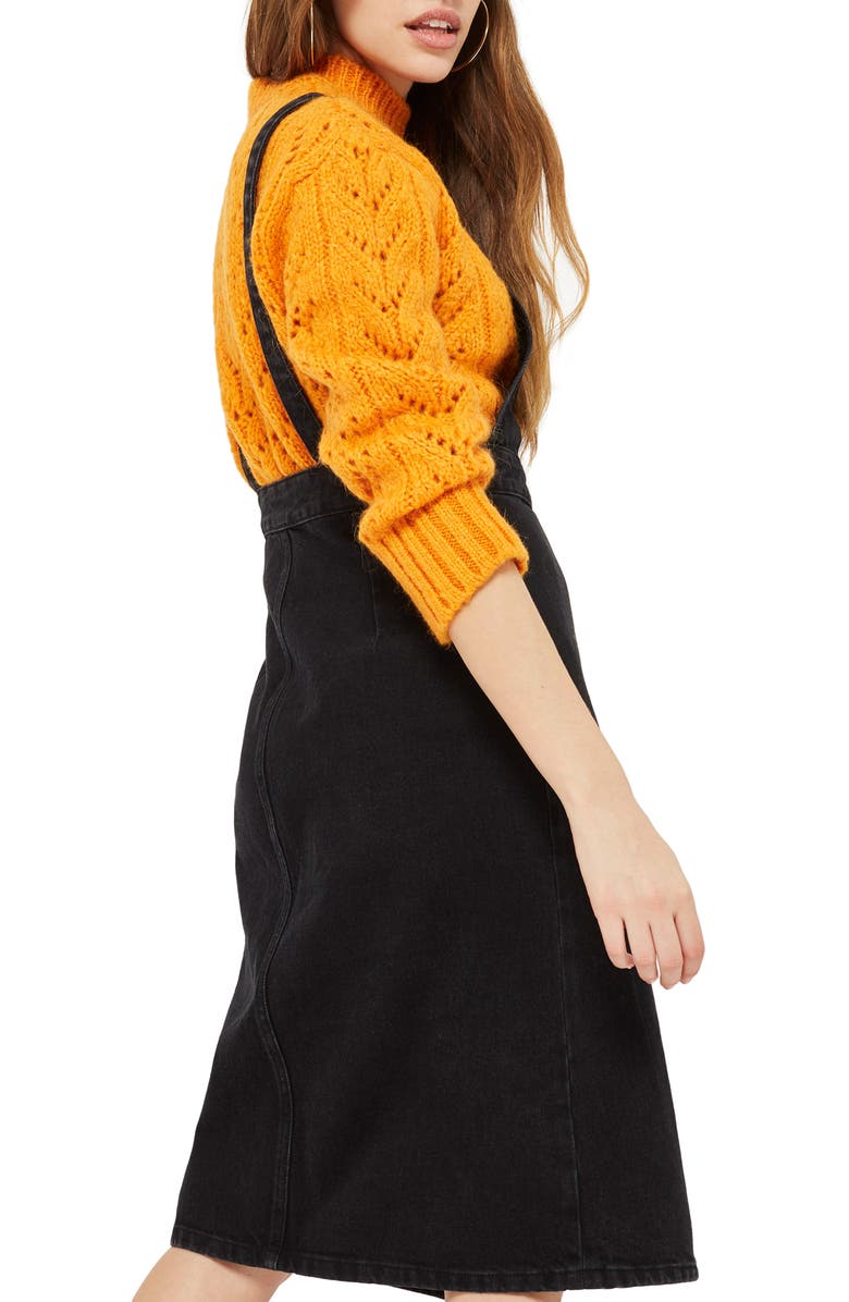 Topshop Black Denim Midi Pinafore Dress, Alternate, color, 