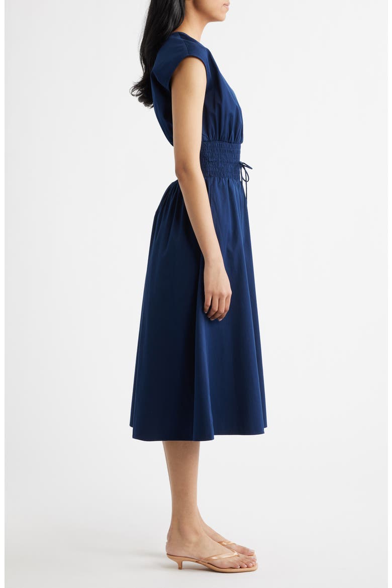 Smock Waist V-Neck Cotton Midi Dress, Alternate, color, TIMELESS NAVY