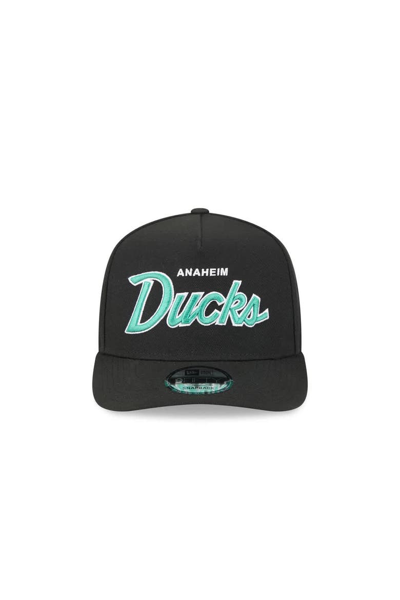 Men's New Era Black Anaheim Ducks Script A-Frame 9FIFTY Snapback Hat, Alternate, color, Black