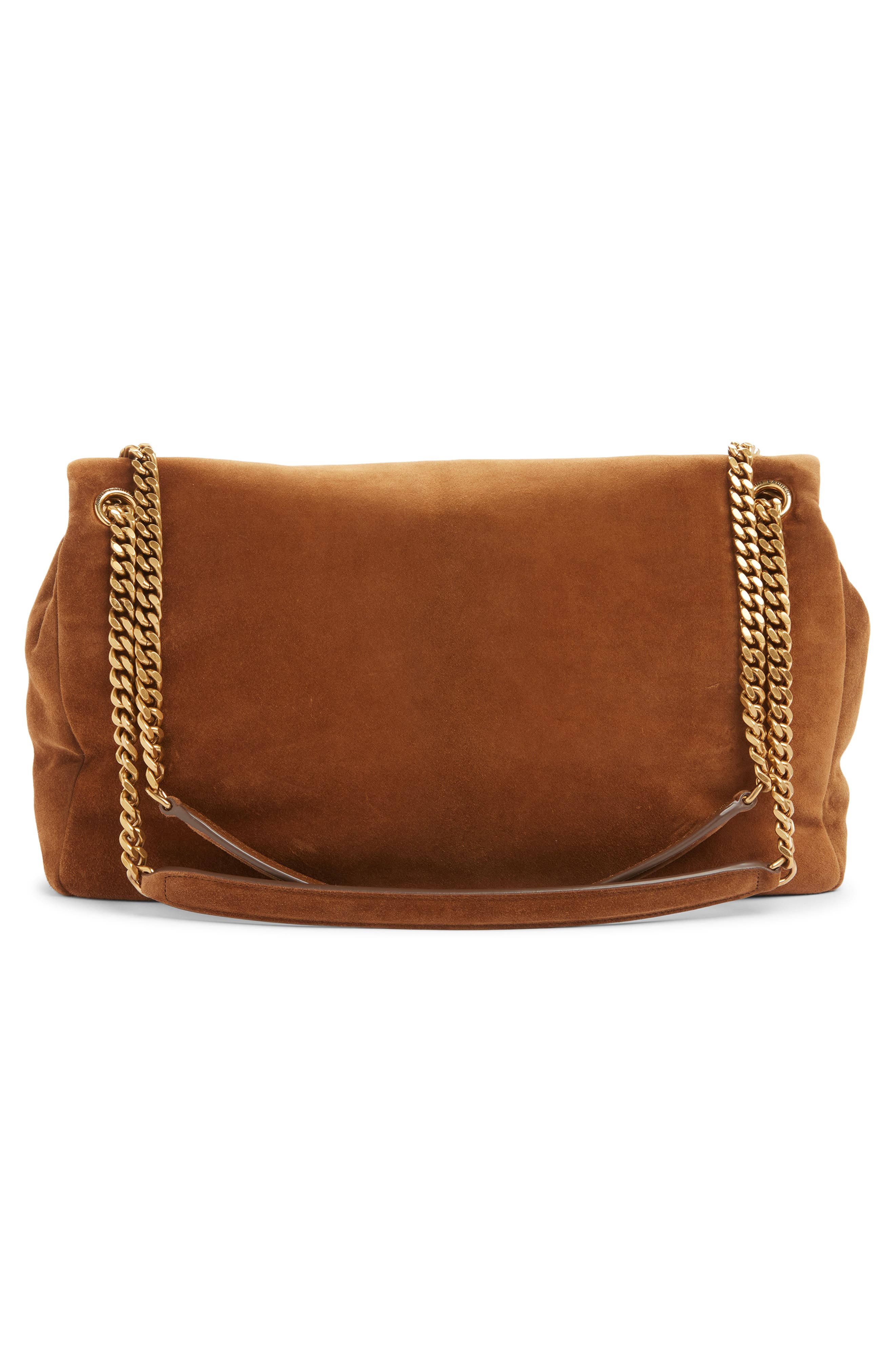 Saint Laurent Large Calypso Suede Shoulder Bag, Alternate, color, Caramel Cognac