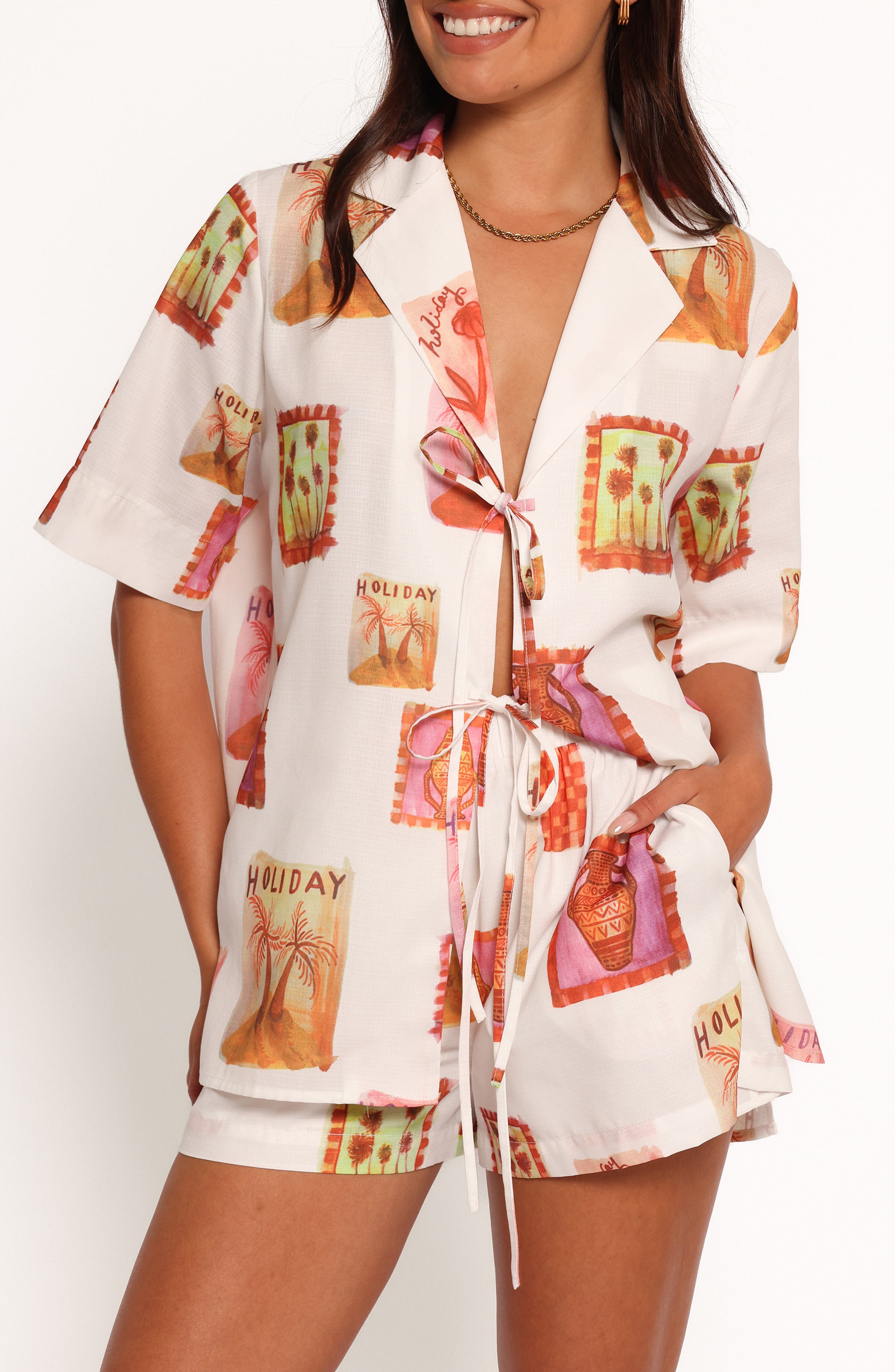 Petal & Pup Aaliyah Postcard Print Tie Front Shirt
