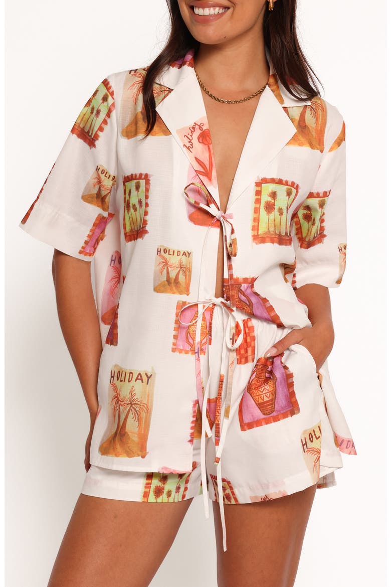 Aaliyah Postcard Print Tie Front Shirt, Main, color, WHITE MULTI