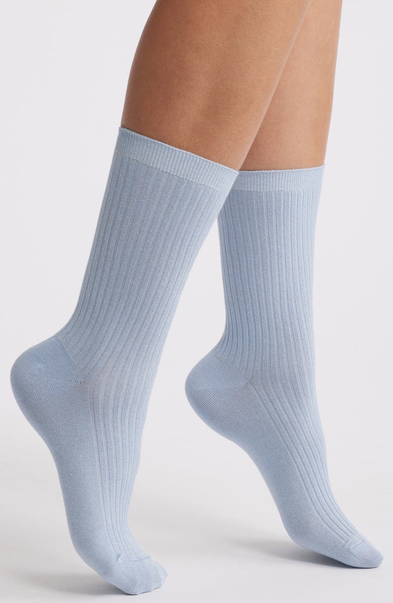 Oroblu Brilliant Metallic Rib Crew Socks, Main, color, Sky