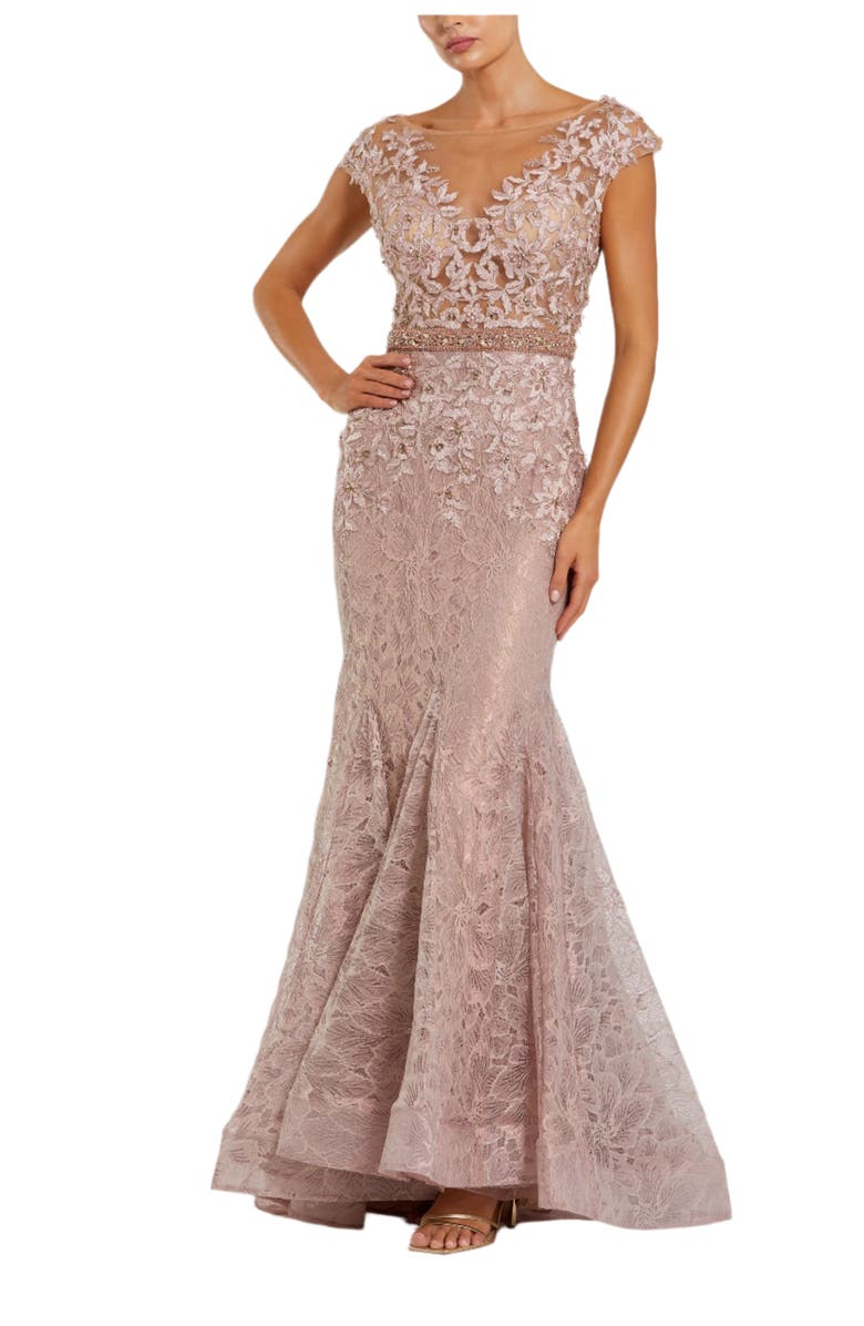 Mac Duggal High Neck Shoulder FLower Detail Mermaid Gown, Main, color, Mocha