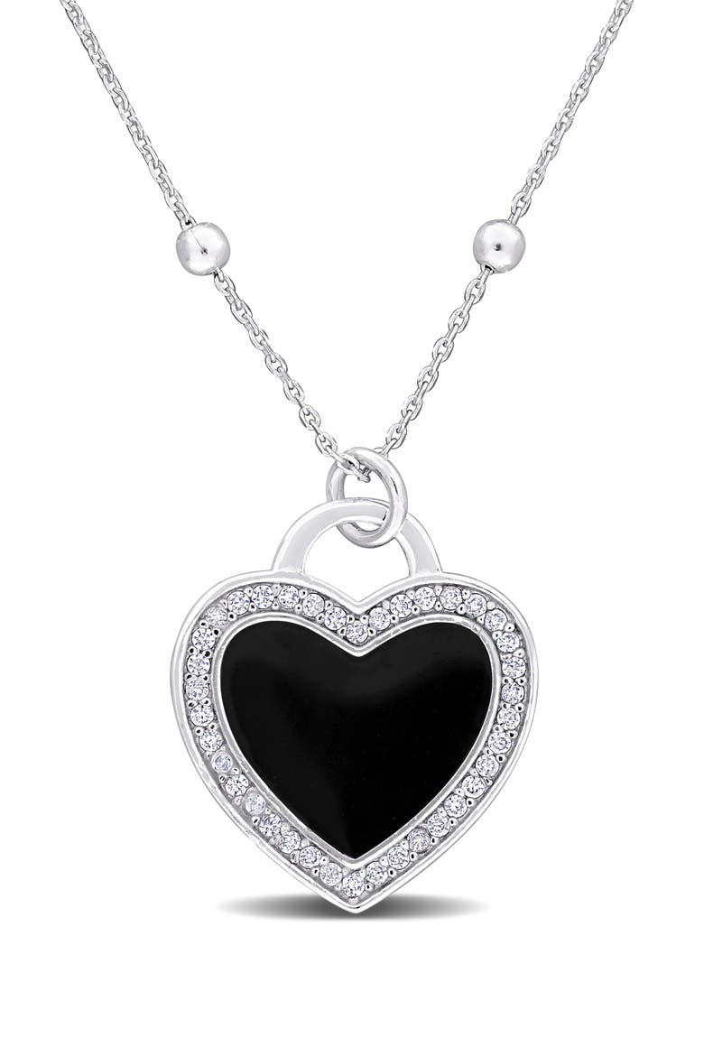 CZ & Enamel Heart Pendant Necklace, Main, color, BLACK