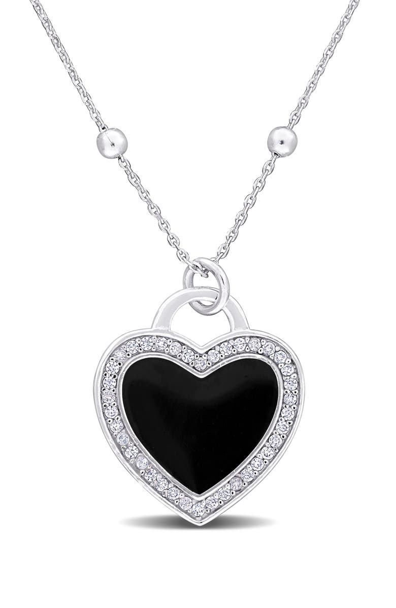 DELMAR CZ & Enamel Heart Pendant Necklace, Main, color, Black
