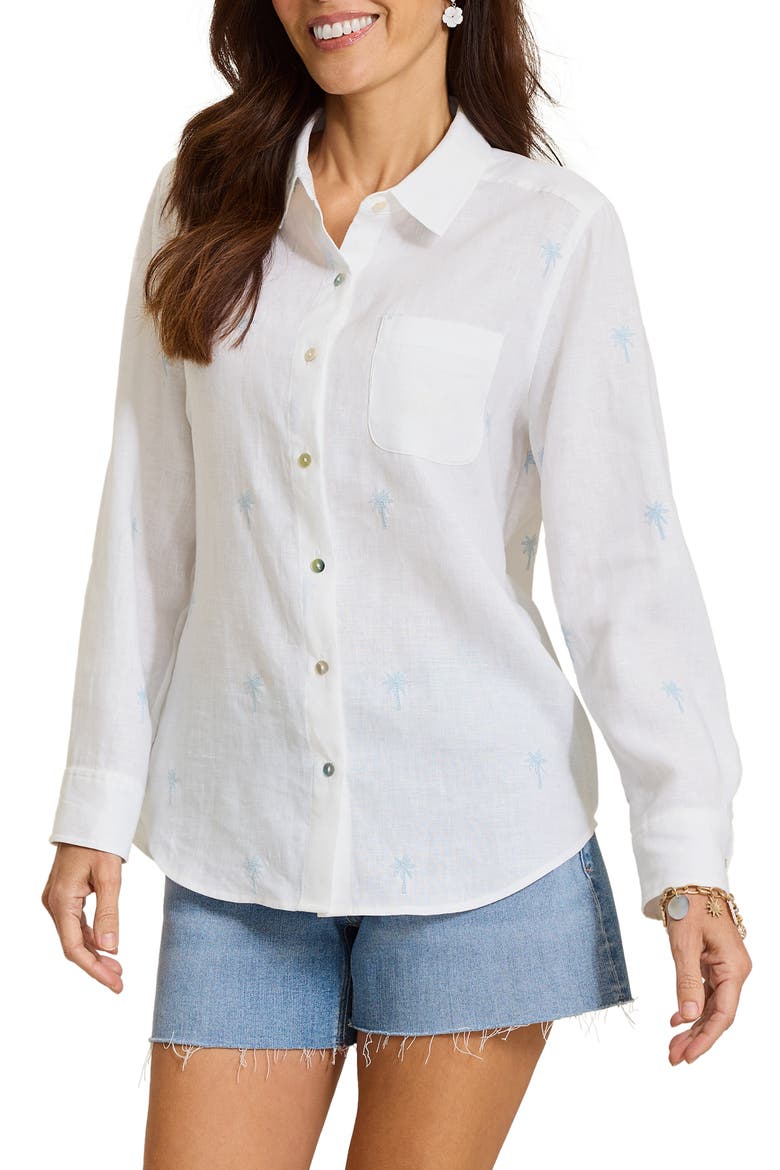 Relaxed Palm Tree Embroidered Linen Button-Up Shirt, Main, color, LINEN SKY