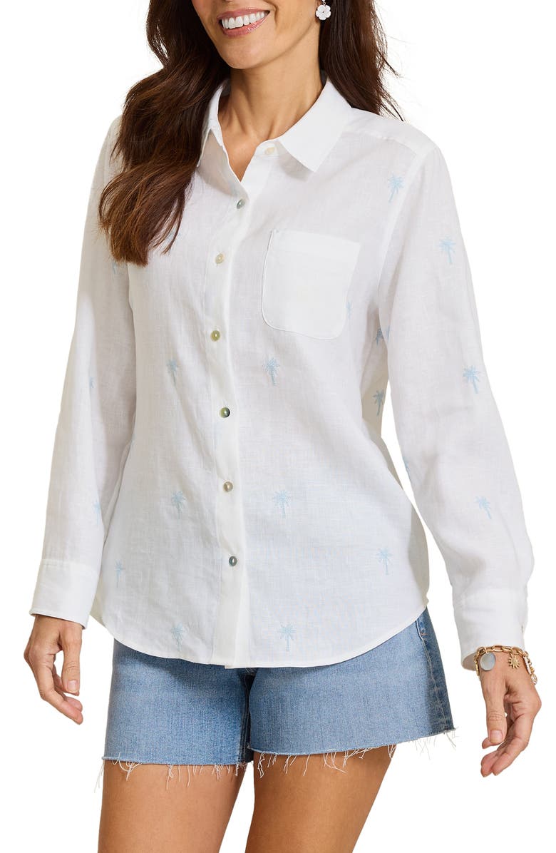 Tommy Bahama Relaxed Palm Tree Embroidered Linen Button-Up Shirt, Main, color,