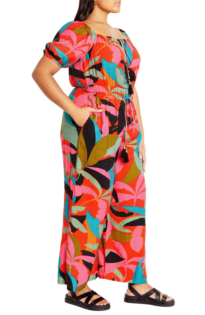 City Chic Erica Palm Print Wide Leg Jumpsuit, Alternate, color, Red Barbados