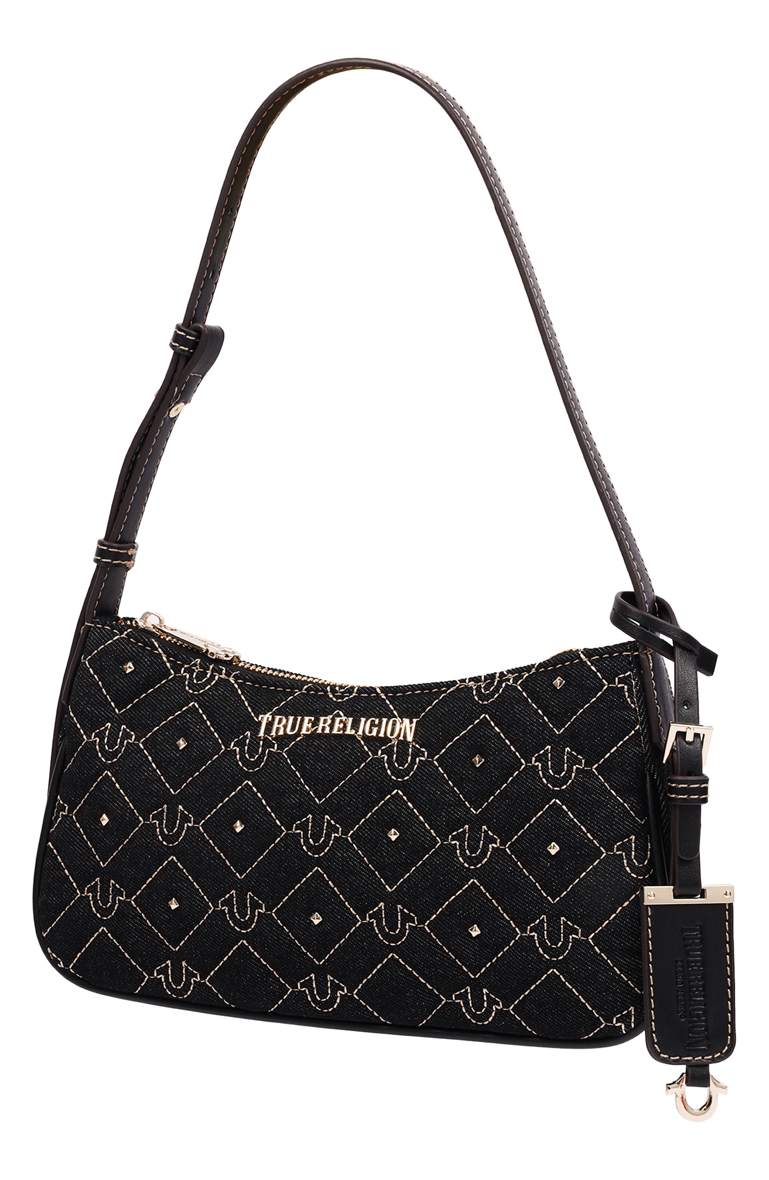 Studded Denim Shoulder Bag, Alternate, color, BLACK