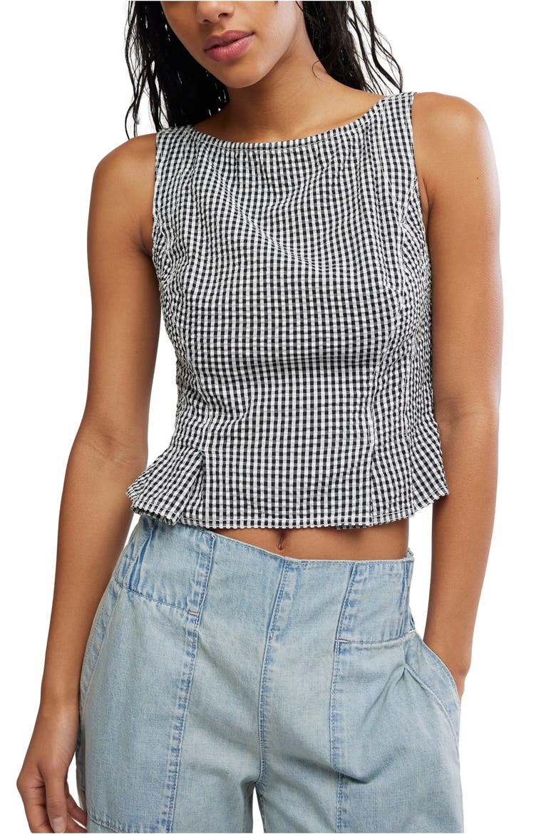 Sunfaded Gingham Peplum Top, Main, color, BLACK AND WHITE COMB
