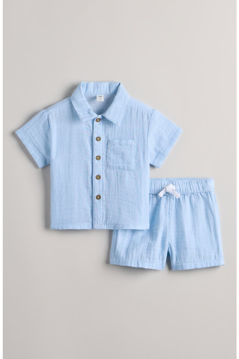 Stripe Short Sleeve Cotton Button-Up Shirt & Shorts Set, Main, color, BLUE QUIET FINE STRIPE