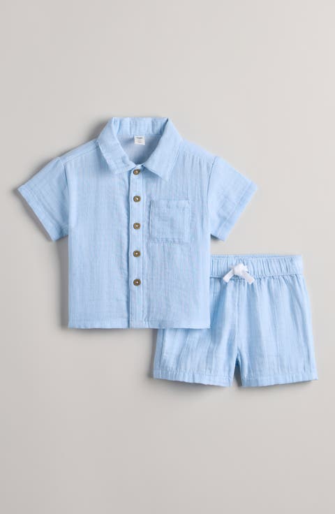 Stripe Short Sleeve Cotton Button-Up Shirt & Shorts Set (Baby)