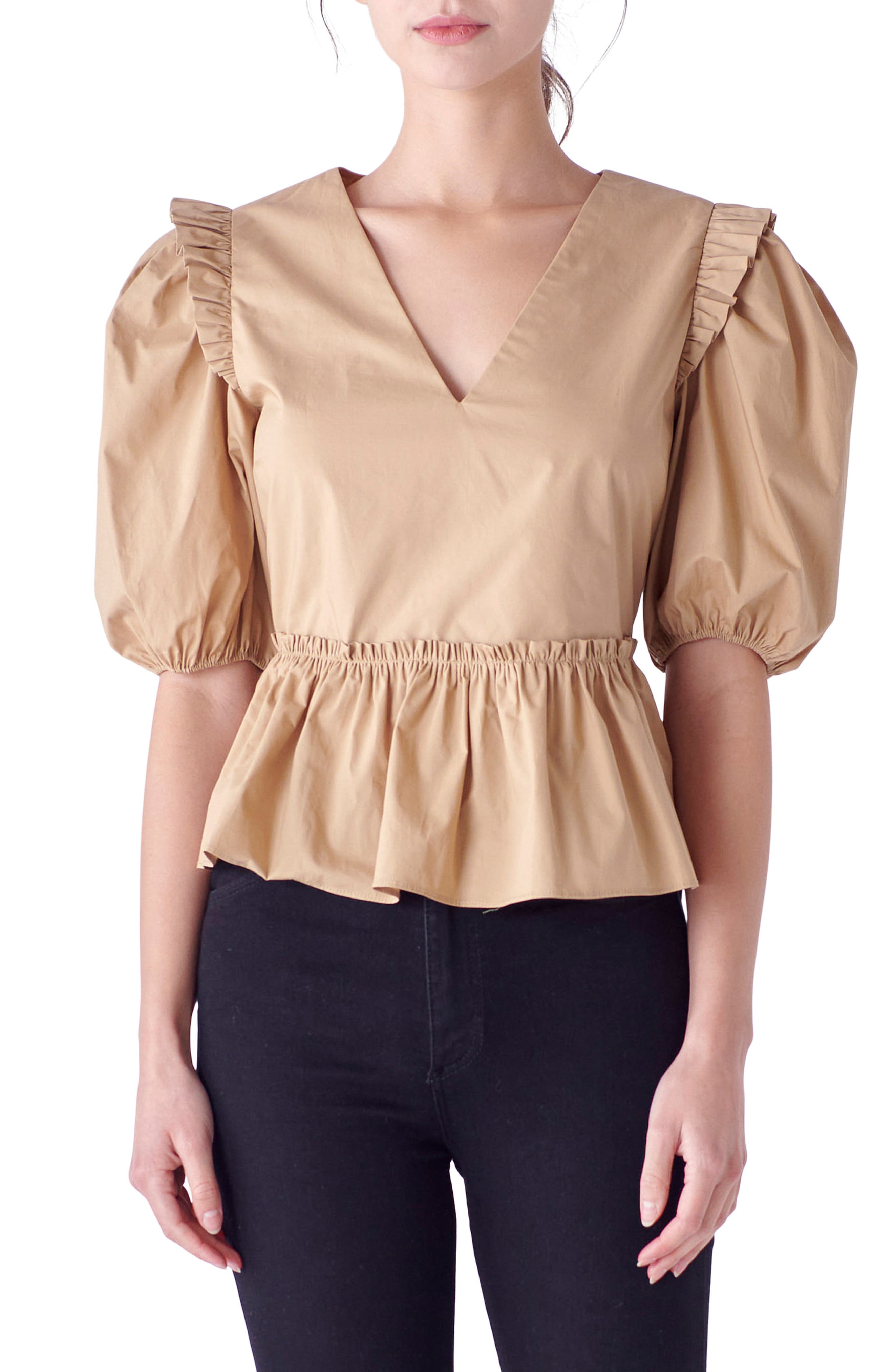 English Factory Puff Sleeve Peplum Cotton Top