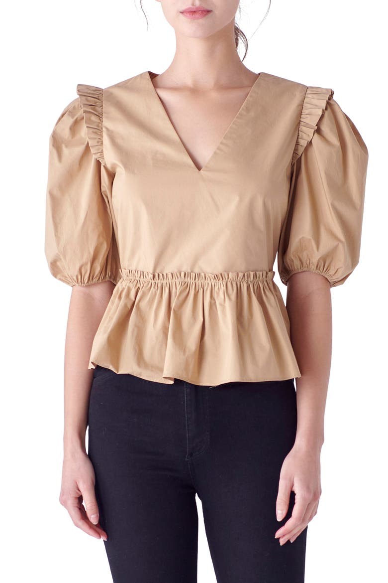 Puff Sleeve Peplum Cotton Top, Main, color, TAN