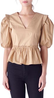 English Factory Puff Sleeve Peplum Cotton Top