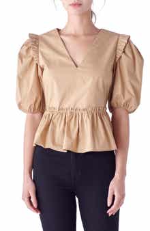 English Factory Puff Sleeve Peplum Cotton Top