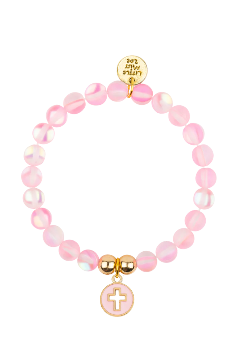 Little Miss Zoe Luminous Glass Moonstone Cross Charm Bracelet in Gift Pouch, Main, color, Pink