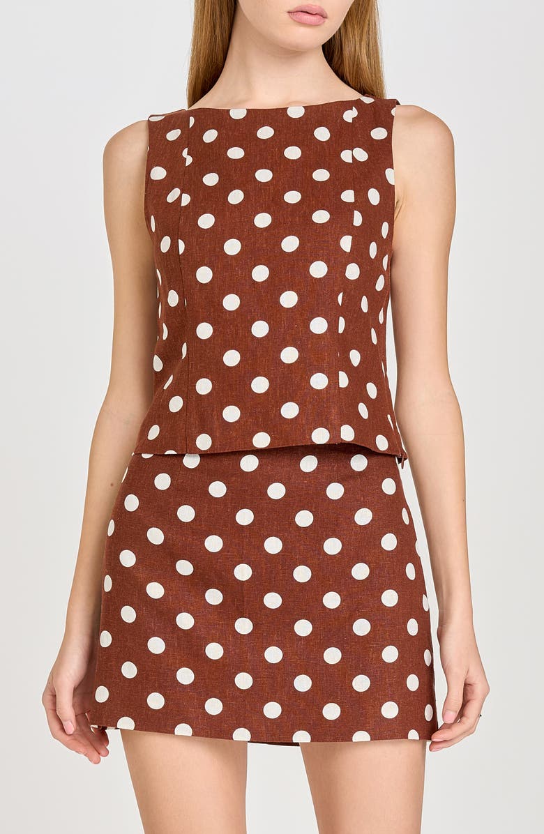 WAYF Elle Polka Dot Sleeveless Linen Blend Shell, Main, color, Redwood Polka Dot
