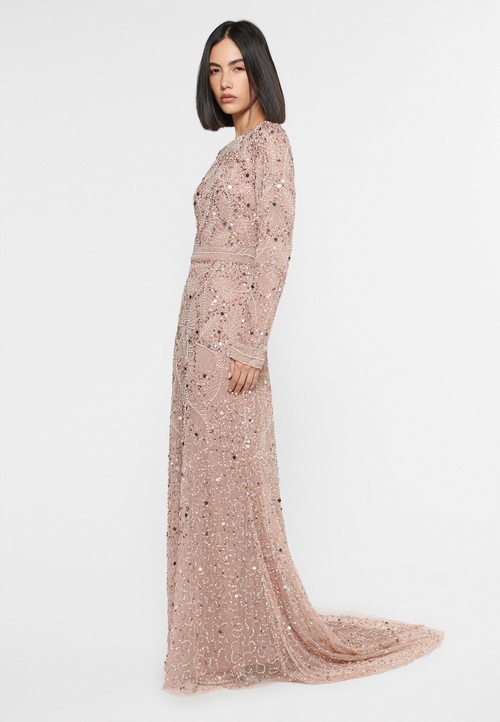 Shop Maryisa Occasion Modest Embellished Sequin Beaded High Neck Evening Dress In Taupe Blush