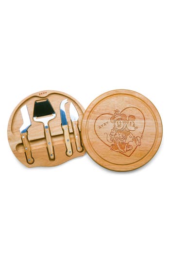 Picnic Time X Disney® Mickey & Minnie Mouse Swivel Cheese Board & Tools Set In Brown