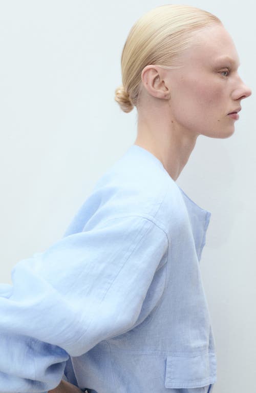 Mango Cropped Linen Jacket With Pockets Sky Blue