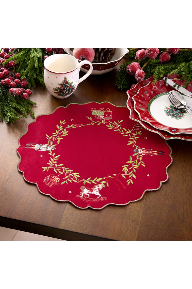 Keepsake Ornaments Velvet Embroidered Round Placemats, Set of 4, Red - 15"W x 15"L, Alternate, color, Red