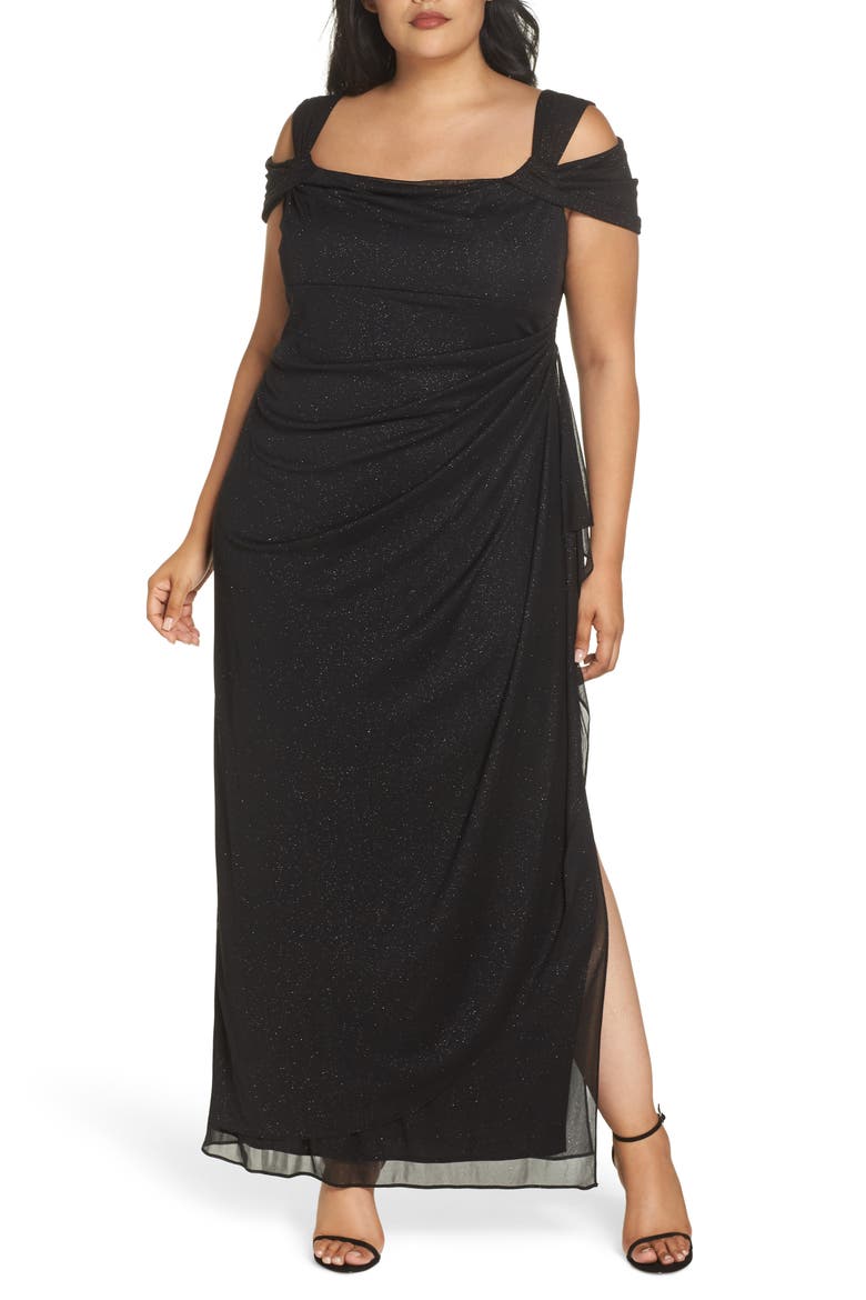 Cold Shoulder Glitter Column Gown, Main, color, BLACK