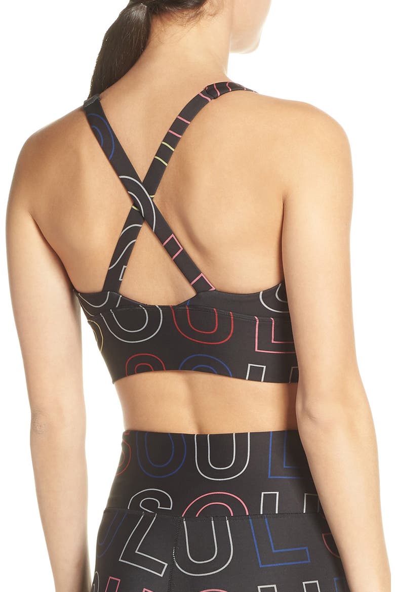 Longline Logo Sports Bra, Alternate, color, BLACK KNOCKOUT MULTI