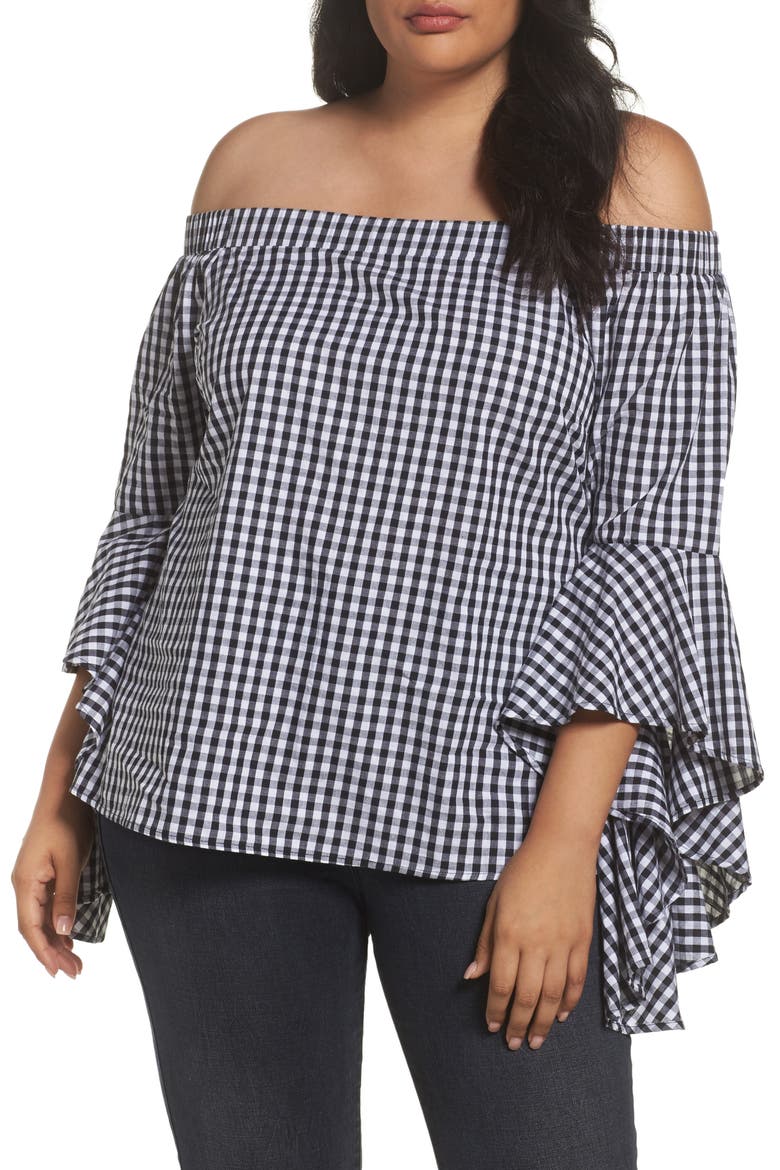Bell Sleeve Off the Shoulder Shirt, Main, color, BLACK / WHITE