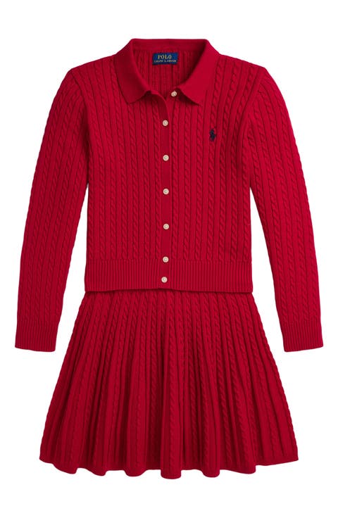 Kids' Cotton Polo Cardigan & Skirt Set