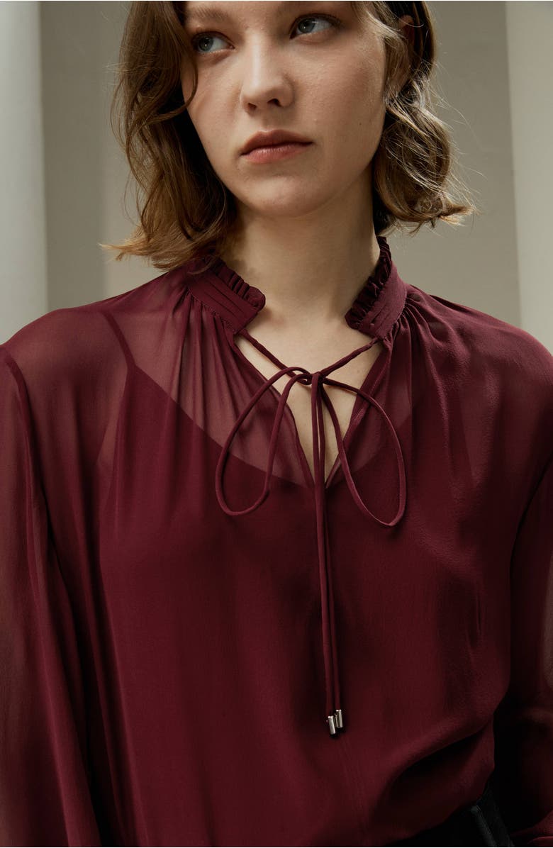 Lilysilk Tie Front Drawstring Georgette Blouse, Alternate, color, Oxblood