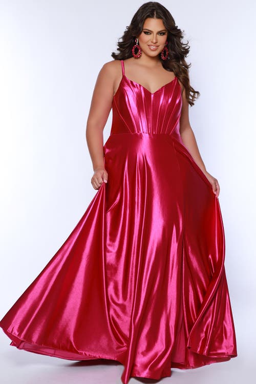 Sydney's Closet Satin Corset Bodice Plus Size A-line Gown In Magenta
