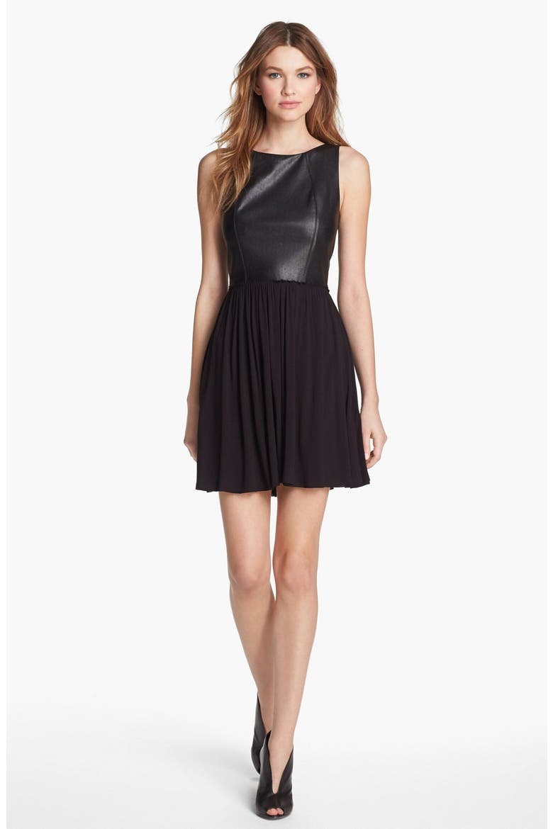 Faux Leather Fit & Flare Dress, Main, color, BLACK