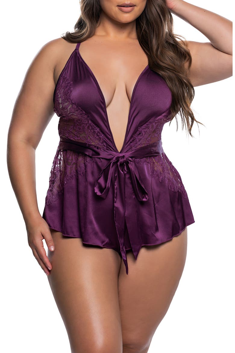 Moonlight Kiss Lace Inset Satin Teddy, Main, color, PURPLE