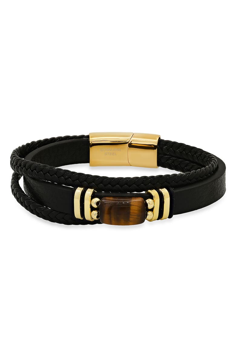 HMY JEWELRY Men's 18K Gold Plated Tiger's Eye Layered Leather Bracelet, Main, color, Gold/Black/Brown
