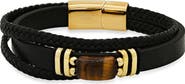 HMY JEWELRY Men's 18K Gold Plated Tiger's Eye Layered Leather Bracelet