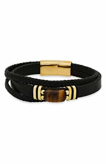 HMY JEWELRY Men's 18K Gold Plated Tiger's Eye Layered Leather Bracelet