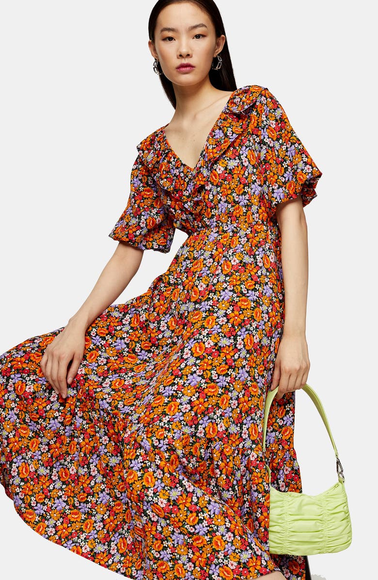 Topshop Ruffle Trim Floral Midi Dress, Alternate, color, 