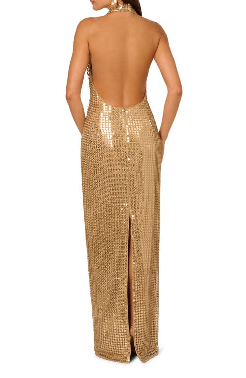 Adrianna Papell Sequin Halter Neck Gown In Gold