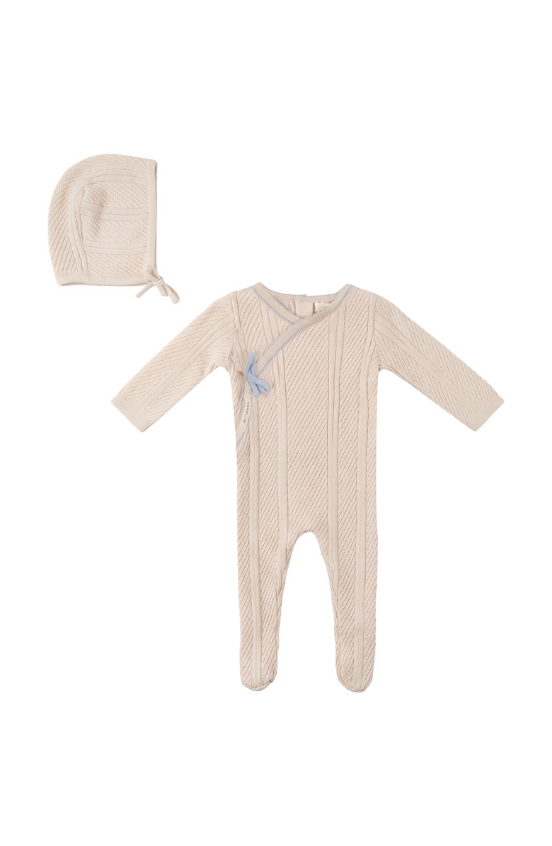 Fragile Boy Lace Textured Cotton Wrap Romper with Bonnet, Main, color, Natural/Blue