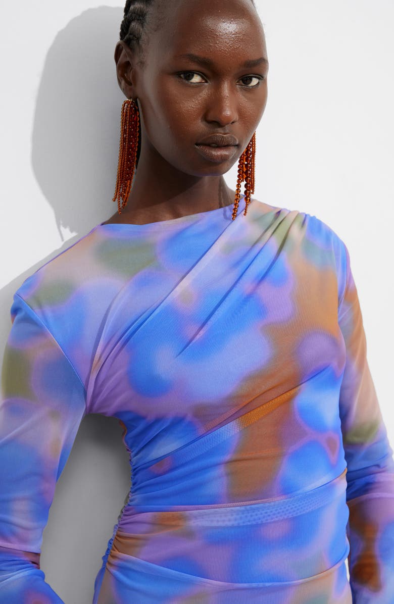 & Other Stories Abstract Print Long Sleeve Mesh Dress, Alternate, color, Brown Medium Dusty