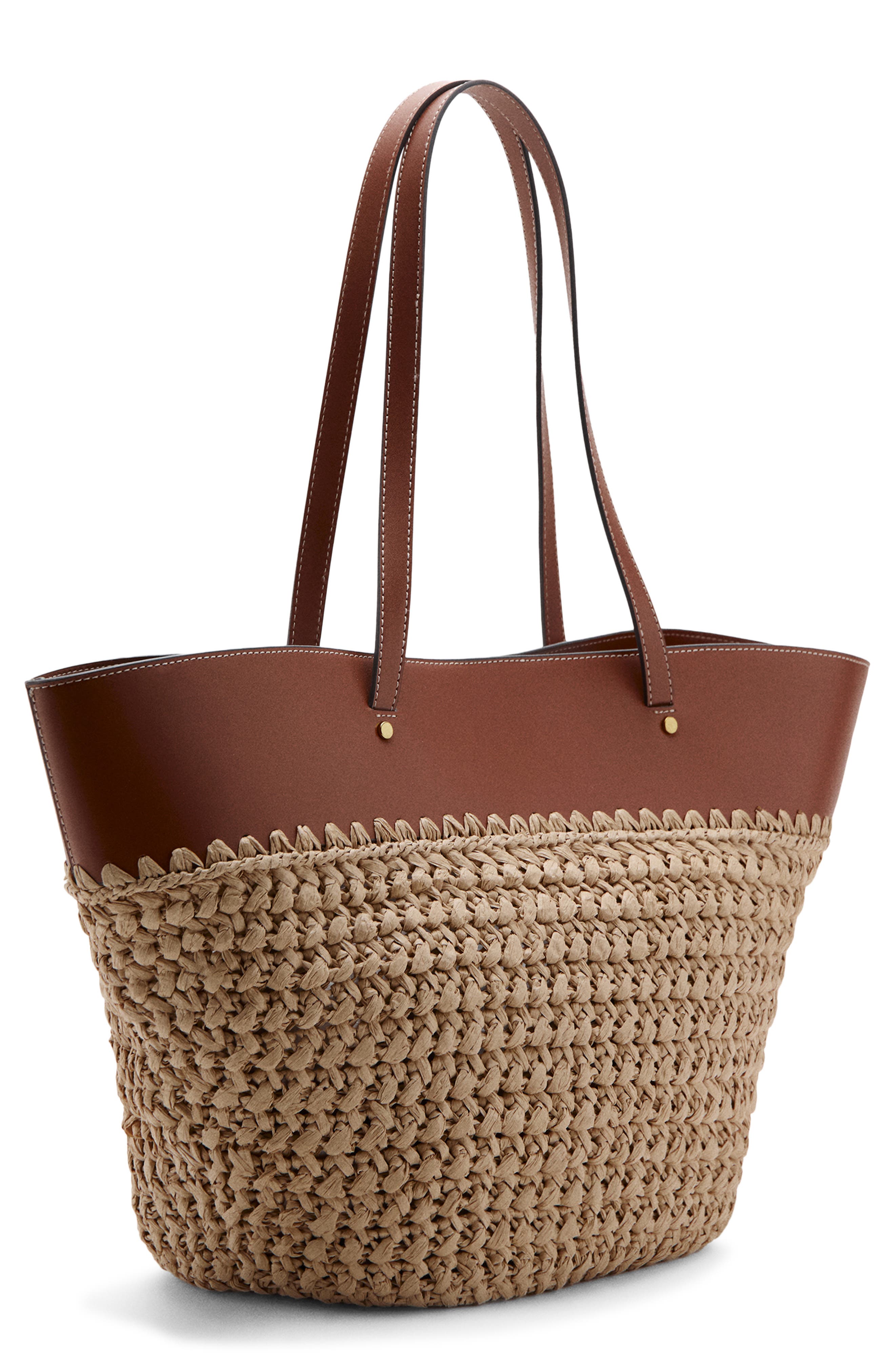 MANGO Paros Straw Tote, Main, color, Leather