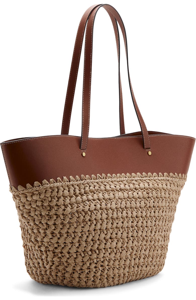 MANGO Paros Straw Tote, Main, color, Leather