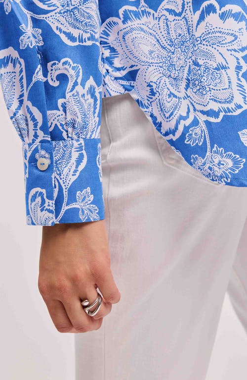 Foxcroft Meghan Floral Print Cotton Button-up Shirt In Cobalt Blue
