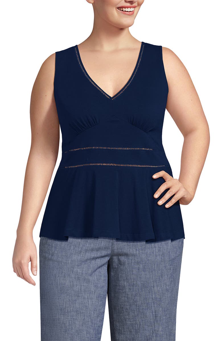 Lands' End Regular Size Sleeveless LWCM Lattice Peplum VNeck Top, Main, color, Deep Sea Navy