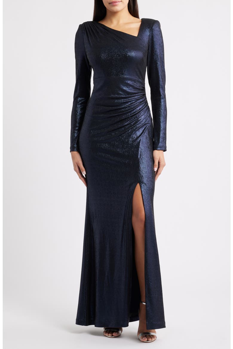 Ruched Asymmetric Neck Long Sleeve Maxi Dress, Main, color, NAVY