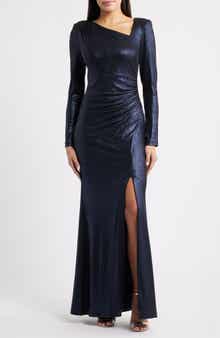 Eliza J Ruched Asymmetric Neck Long Sleeve Maxi Dress