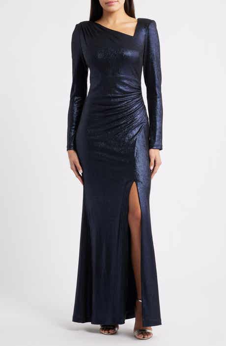 Eliza J Ruched Asymmetric Neck Long Sleeve Maxi Dress