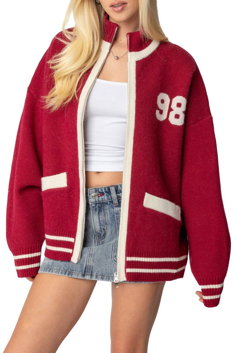98 Varsity Zip Sweater, Main, color, BURGUNDY